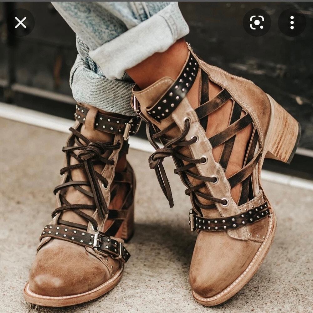 Edgy Boho Freebird By Steven Cheyenne Lace Up Ankle Boot 7 Taupe Buckle Studded